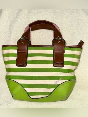 Vintage Roxy Y2K Green Striped Canvas Mini Bowler Bag Satchel Purse Skater 11.5"